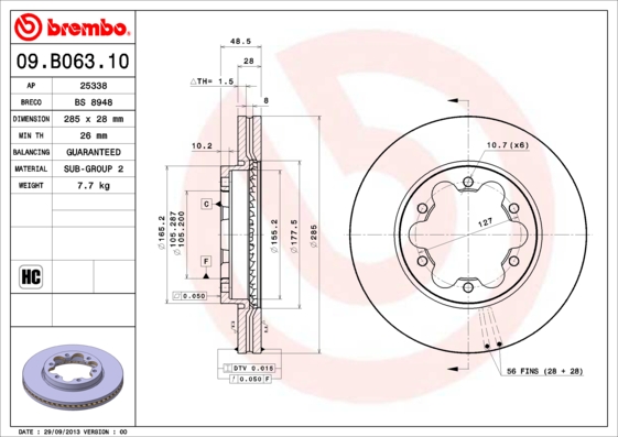 Disc frana TOYOTA HIACE V caroserie (TRH2__, KDH2__, LH2__, GDH2__) 2.5 D-4D (KDH200, KDH202, KDH212, KDH222) diesel 117 cai BREMBO 09.B063.10
