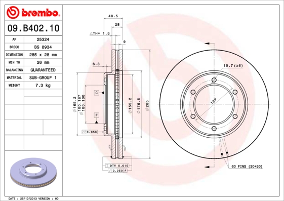Disc frana TOYOTA HIACE IV caroserie (__H1_, __H2_) 2.5 D-4D 4WD (KLH18, KLH28) diesel 88 cai BREMBO 09.B402.10