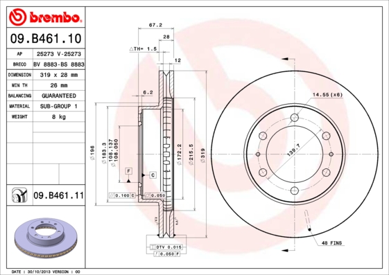 Disc frana TOYOTA LAND CRUISER PRADO (_J12_) 3.0 D-4D (KDJ120, KDJ125) diesel 163 cai BREMBO 09.B461.11