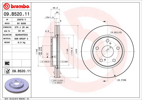 Disc frana TOYOTA RAV 4 III (_A3_) 2.0 4WD (ZSA30) benzina 148 cai BREMBO 09.B520.11