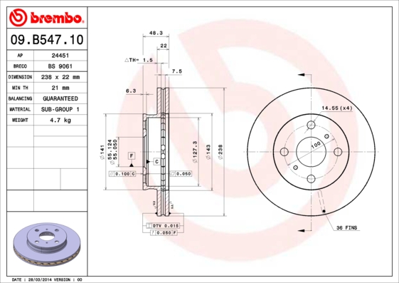 Disc frana TOYOTA COROLLA combi (_E11_) 1.6 16V (ZZE112_, ZZE112R) benzina 110 cai BREMBO 09.B547.10
