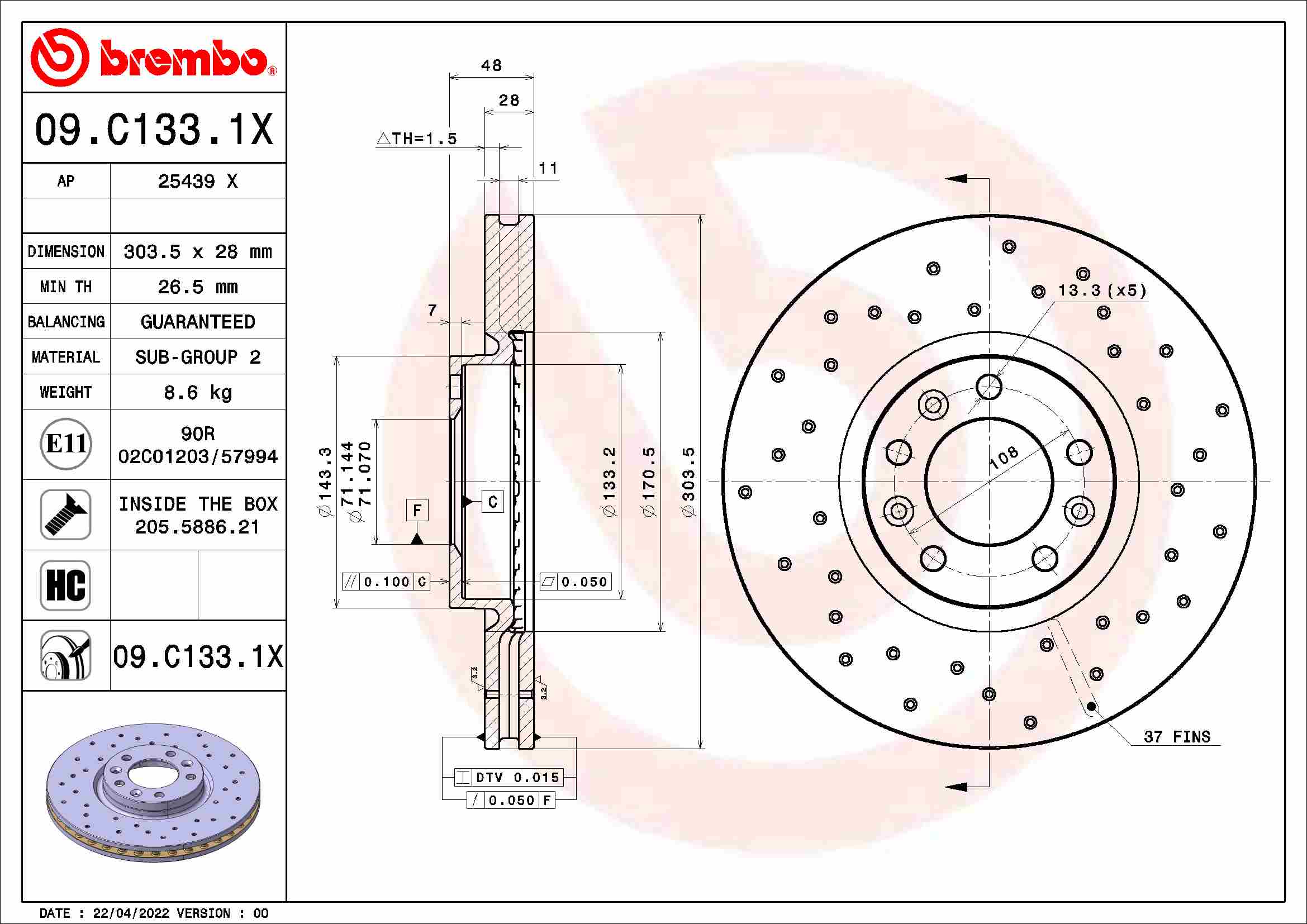 Disc frana TOYOTA PROACE CITY Autoutilitara/limuzina spatioasa (BPZ_) Electric (BPZS) electric 136 cai BREMBO 09.C133.1X