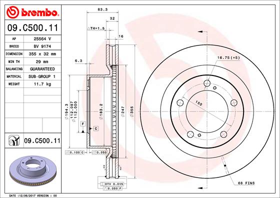 Disc frana TOYOTA TUNDRA pick-up (_K5_, _K6_) 5.7 (USK50_, USK51, USK52_, USK56_, USK57_, USK52L,... benzina 386 cai BREMBO 09.C500.11