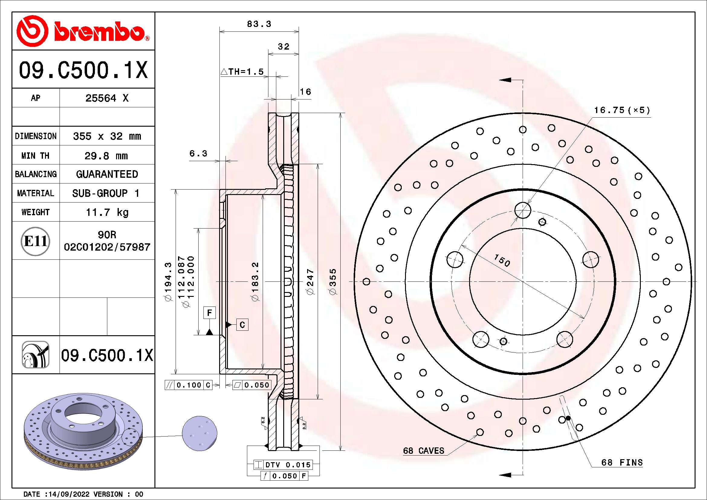 Disc frana TOYOTA TUNDRA pick-up (_K5_, _K6_) 5.7 (USK50_, USK51, USK52_, USK56_, USK57_, USK52L,... benzina 386 cai BREMBO 09.C500.1X
