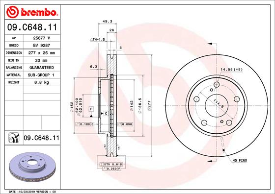 Disc frana TOYOTA AURIS (_E18_) 1.4 D-4D (NDE180_, NDE180R) diesel 90 cai BREMBO 09.C648.11