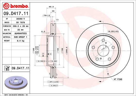 Disc frana TOYOTA COROLLA combi (_E21_) 2.0 Hybrid (MZEH12) benzina/elector 184 cai BREMBO 09.D417.11