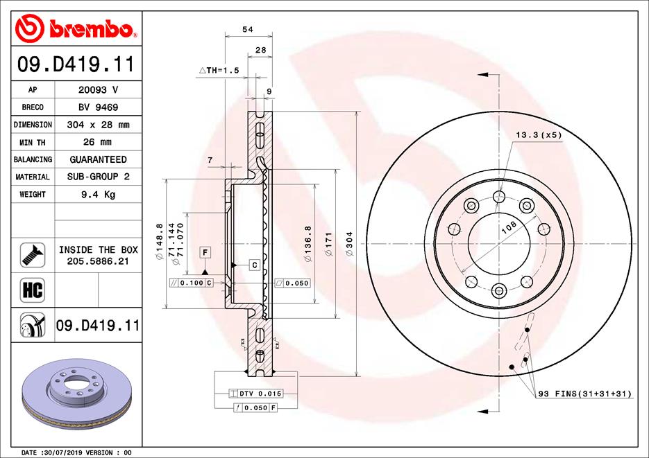 Disc frana TOYOTA PROACE bus (MDZ_) 1.5 D4d (MDZ8) diesel 102 cai BREMBO 09.D419.11