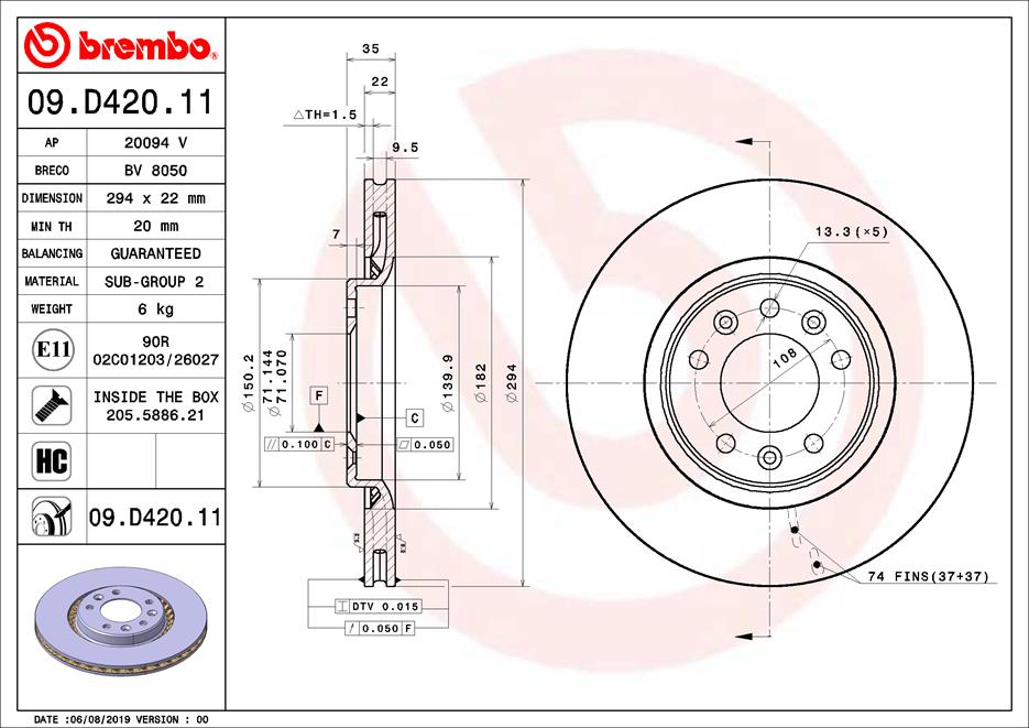 Disc frana TOYOTA PROACE caroserie (MDZ_) 2.0 D4d 4x4 (MDZ3) diesel 122 cai BREMBO 09.D420.11