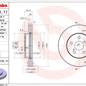 Disc frana TOYOTA PRIUS (_W5_) 1.8 Hybrid (ZVW50, ZVW50_, ZVW51_, ZVW50R, ZVW51) benzina/elector 122 cai BREMBO 09.D510.11