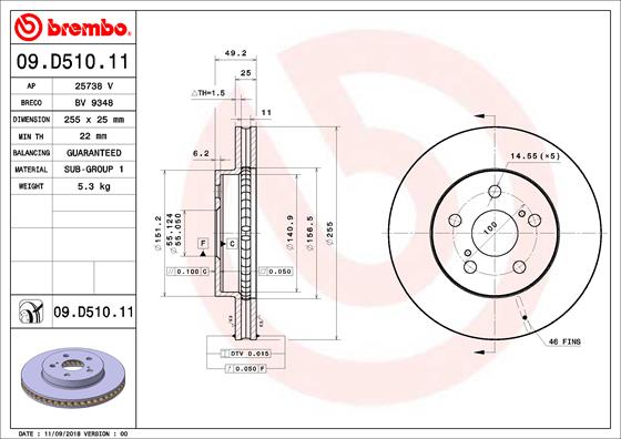 Disc frana TOYOTA PRIUS (_W5_) 1.8 Hybrid (ZVW50, ZVW50_, ZVW51_, ZVW50R, ZVW51) benzina/elector 122 cai BREMBO 09.D510.11