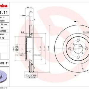 Disc frana TOYOTA YARIS Caseta/ Hatchback (_P13_) 1.5 Hybrid (NHP130) benzina/elector 101 cai BREMBO 09.D573.11
