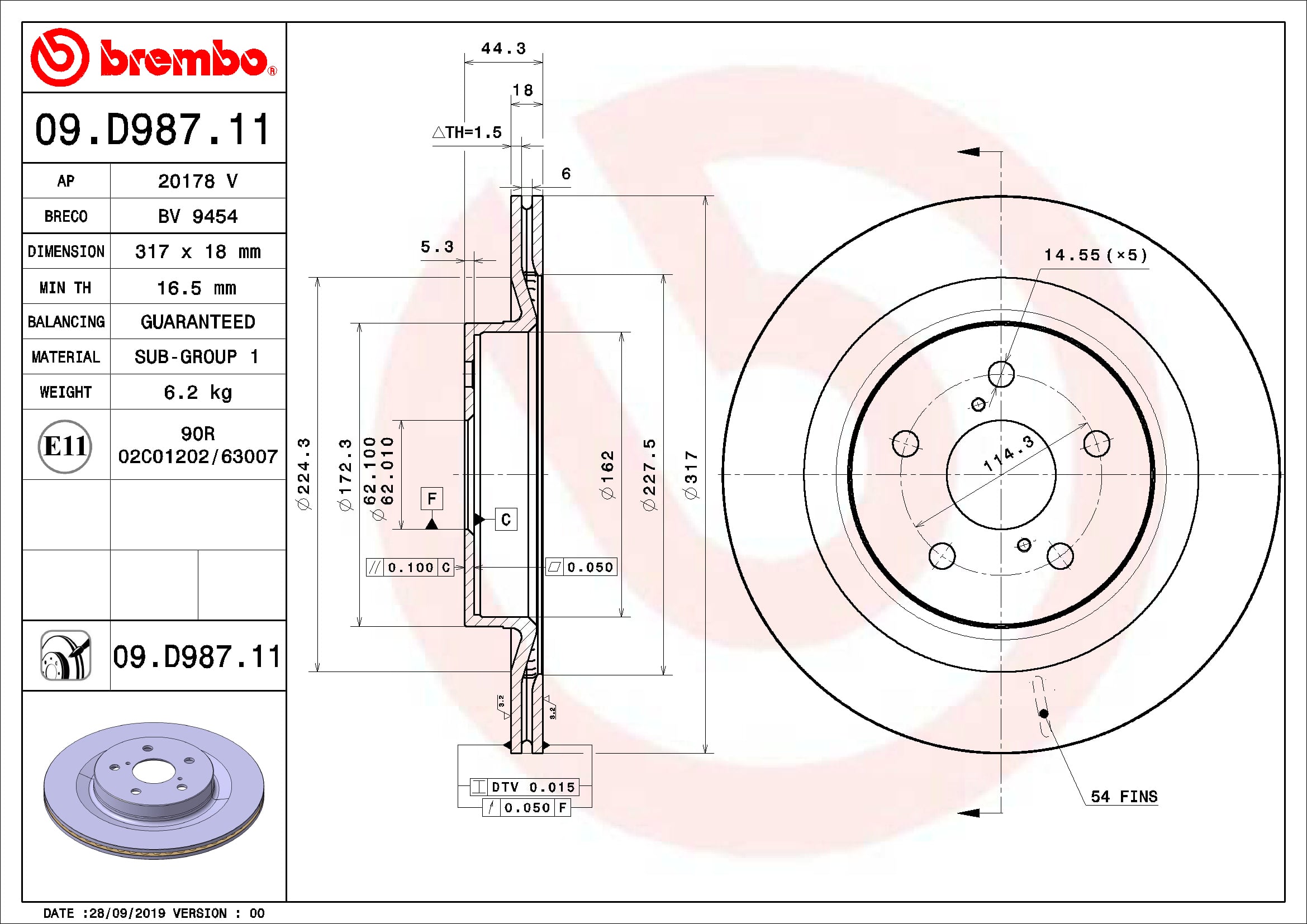 Disc frana TOYOTA RAV 4 V VAN (_A5_, _H5_) 2.5 Hybrid AWD (AXAH54) benzina/elector 222 cai BREMBO 09.D987.11