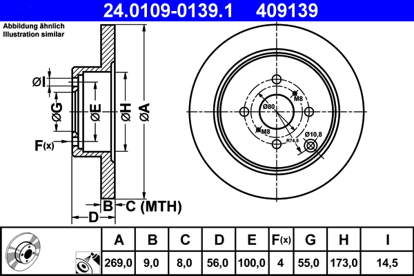 Disc frana TOYOTA COROLLA limuzina (_E12_) 1.8 (ZZE130) benzina 132 cai ATE 24.0109-0139.1