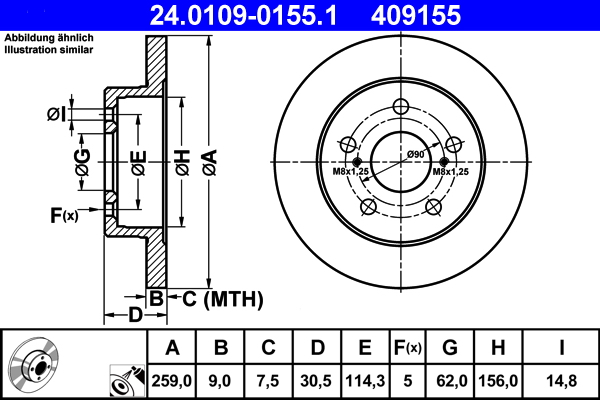 Disc frana TOYOTA COROLLA limuzina (_E15_) 1.6 VVTi (ZZE141_) benzina 110 cai ATE 24.0109-0155.1