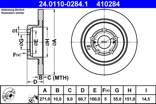 Disc frana TOYOTA AVENSIS (_T22_) 2.0 TD (CT220_, CT220R) diesel 90 cai ATE 24.0110-0284.1