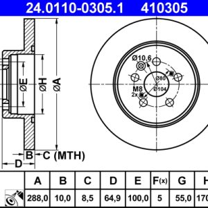 Disc frana TOYOTA AVENSIS Liftback (_T22_) 2.0 TD (CT220_, CT220R) diesel 90 cai ATE 24.0110-0305.1