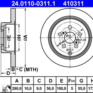Disc frana TOYOTA AVENSIS (_T25_) 2.0 VVTi (AZT250_) benzina 155 cai ATE 24.0110-0311.1