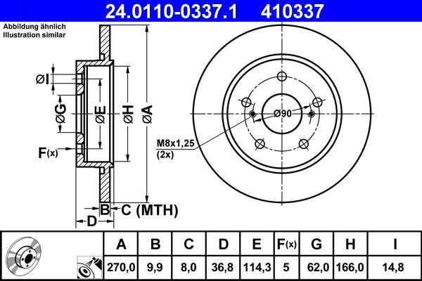 Disc frana TOYOTA AURIS combi (_E18_) 1.6 (ZRE185_) benzina 132 cai ATE 24.0110-0337.1