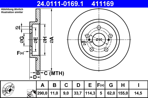 Disc frana TOYOTA AVENSIS combi (_T27_) 2.2 D-4D (ADT271_, ADT271R) diesel 150 cai ATE 24.0111-0169.1