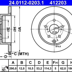 Disc frana TOYOTA PRIUS PLUS (_W4_) 1.8 Hybrid (ZVW40W, ZVW41W) benzina/elector 136 cai ATE 24.0112-0203.1