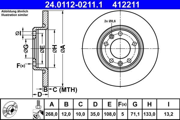 Disc frana TOYOTA PROACE CITY Autoutilitara/limuzina spatioasa (BPZ_) Electric (BPZS) electric 136 cai ATE 24.0112-0211.1