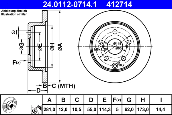 Disc frana TOYOTA RAV 4 IV (_A4_) 2.5 Hybrid 4WD (AVA44, AVA44_) benzina/elector 197 cai ATE 24.0112-0714.1