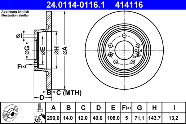 Disc frana TOYOTA PROACE caroserie (MDX_) 2.0 D (MDX3) diesel 128 cai ATE 24.0114-0116.1
