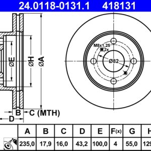 Disc frana TOYOTA YARIS (_P1_) 1.3 (SCP12_, SCP13_, SCP12R, SCP13R) benzina 87 cai ATE 24.0118-0131.1