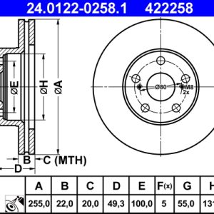 Disc frana TOYOTA PRIUS Liftback (_W2_) 1.5 Hybrid (NHW2_) benzina/elector 113 cai ATE 24.0122-0258.1