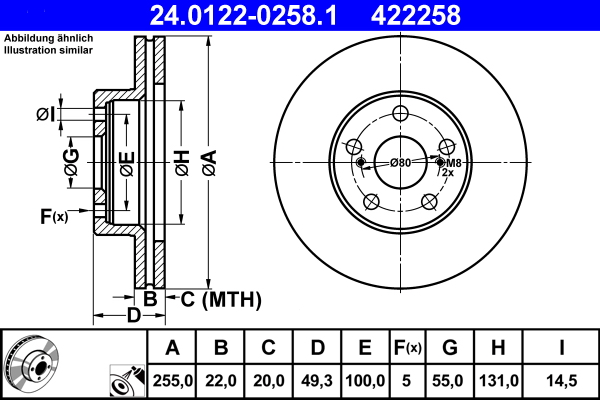 Disc frana TOYOTA PRIUS Liftback (_W2_) 1.5 Hybrid (NHW2_) benzina/elector 113 cai ATE 24.0122-0258.1