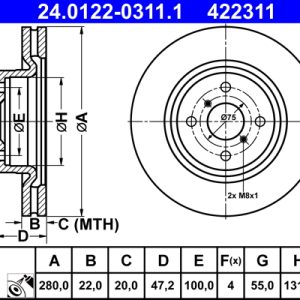 Disc frana TOYOTA YARIS (_P13_) 1.5 Hybrid (NHP130_) benzina/elector 101 cai ATE 24.0122-0311.1
