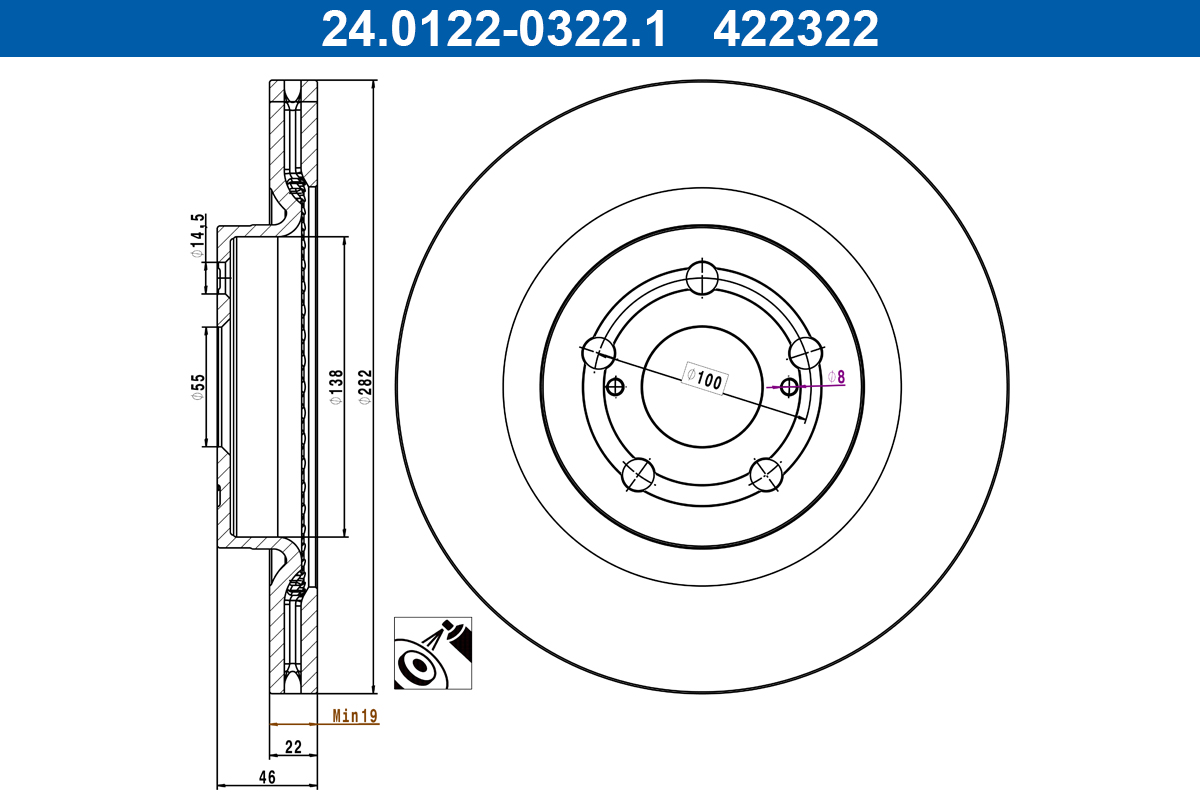 Disc frana TOYOTA YARIS (_P21_, _PA1_, _PH1_) 1.5 Hybrid (MXPH13) benzina/elector 131 cai ATE 24.0122-0322.1