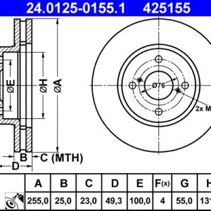 Disc frana TOYOTA COROLLA combi (_E12_) 1.6 VVT-i (ZZE121_, ZZE121R) benzina 110 cai ATE 24.0125-0155.1
