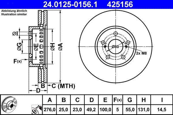 Disc frana TOYOTA AVENSIS (_T22_) 2.0 TD (CT220_, CT220R) diesel 90 cai ATE 24.0125-0156.1