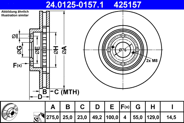Disc frana TOYOTA COROLLA (_E12_) 2.0 D-4D (CDE120R, CDE120L_) diesel 116 cai ATE 24.0125-0157.1