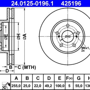 Disc frana TOYOTA PRIUS (_W3_) 1.8 Plug-in Hybrid (ZVW30, ZVW35) benzina/elector 136 cai ATE 24.0125-0196.1