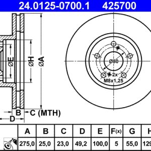 Disc frana TOYOTA CELICA cupe (_T23_) 1.8 16V TS (ZZT231_, ZZT231R) benzina 192 cai ATE 24.0125-0700.1