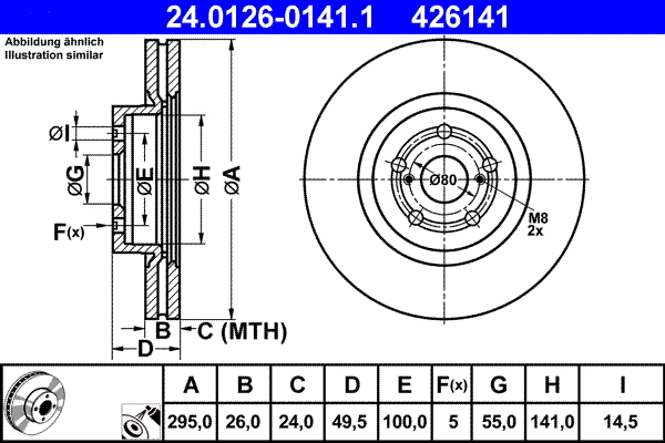 Disc frana TOYOTA AVENSIS combi (_T25_) 2.0 VVT-i (AZT250_, AZT250R) benzina 147 cai ATE 24.0126-0141.1