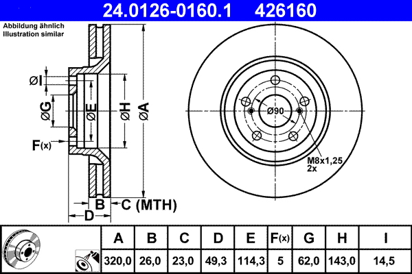 Disc frana TOYOTA AVENSIS combi (_T27_) 2.0 D-4D (WWT271_) diesel 143 cai ATE 24.0126-0160.1