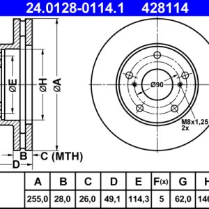 Disc frana TOYOTA CAMRY combi (_V1_) 2.2 (SXV10_, SXV10R) benzina 136 cai ATE 24.0128-0114.1