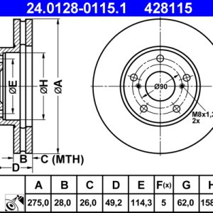 Disc frana TOYOTA CAMRY (_V1_) 2.2 (SXV10_, SXV10R) benzina 136 cai ATE 24.0128-0115.1