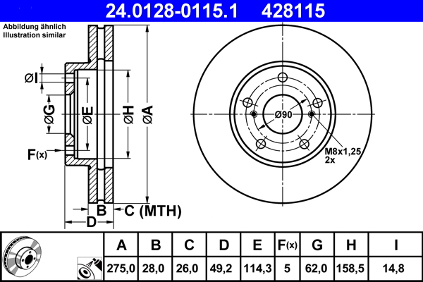 Disc frana TOYOTA CAMRY (_V2_) 2.2 (SXV20_, SXV20) benzina 131 cai ATE 24.0128-0115.1
