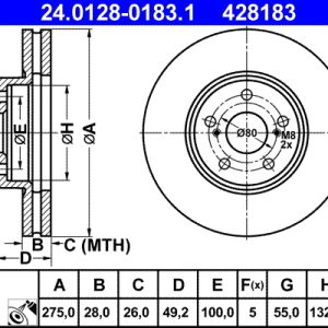 Disc frana TOYOTA AVENSIS Liftback (_T22_) 2.0 D-4D (CDT220_, CDT220R) diesel 110 cai ATE 24.0128-0183.1