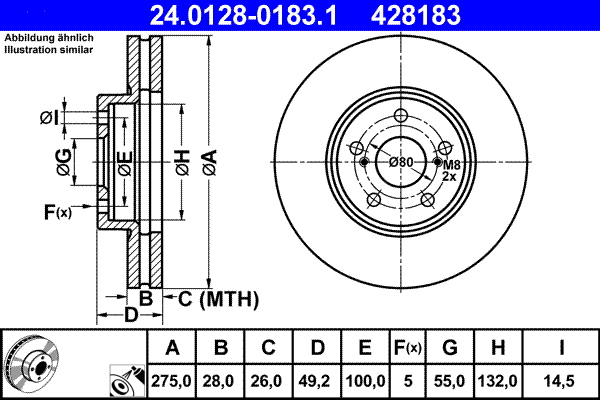 Disc frana TOYOTA AVENSIS combi (_T22_) 2.0 VVT-i (AZT220_, AZT220R) benzina 150 cai ATE 24.0128-0183.1