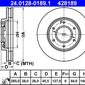 Disc frana TOYOTA HIACE IV bus (__H1_, __H2_) 2.7 (RCH13, RCH23) benzina 143 cai ATE 24.0128-0189.1