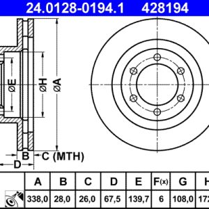 Disc frana TOYOTA LAND CRUISER PRADO (_J12_) 3.0 D (KDJ120, KZJ120) diesel 133 cai ATE 24.0128-0194.1