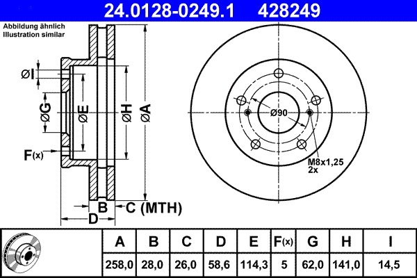 Disc frana TOYOTA HILUX VII pick-up (_N1_, _N2_, _N3_) 2.5 D-4D (KUN15_, KUN15R) diesel 120 cai ATE 24.0128-0249.1