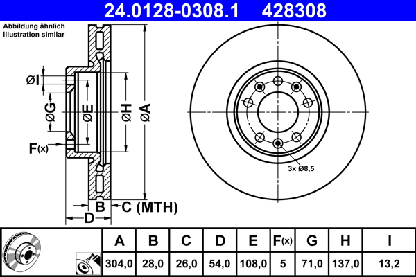 Disc frana TOYOTA PROACE VERSO bus (MPY_) 2.0 D4d (MPY3) diesel 122 cai ATE 24.0128-0308.1