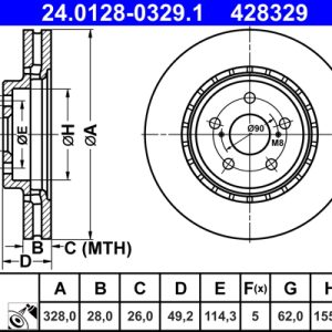 Disc frana TOYOTA RAV 4 V VAN (_A5_, _H5_) 2.5 Hybrid AWD (AXAH54) benzina/elector 222 cai ATE 24.0128-0329.1