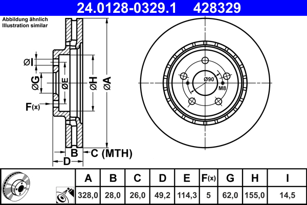 Disc frana TOYOTA RAV 4 V (_A5_, _H5_) 2.5 VVTi AWD (AXAA54) benzina 203 cai ATE 24.0128-0329.1